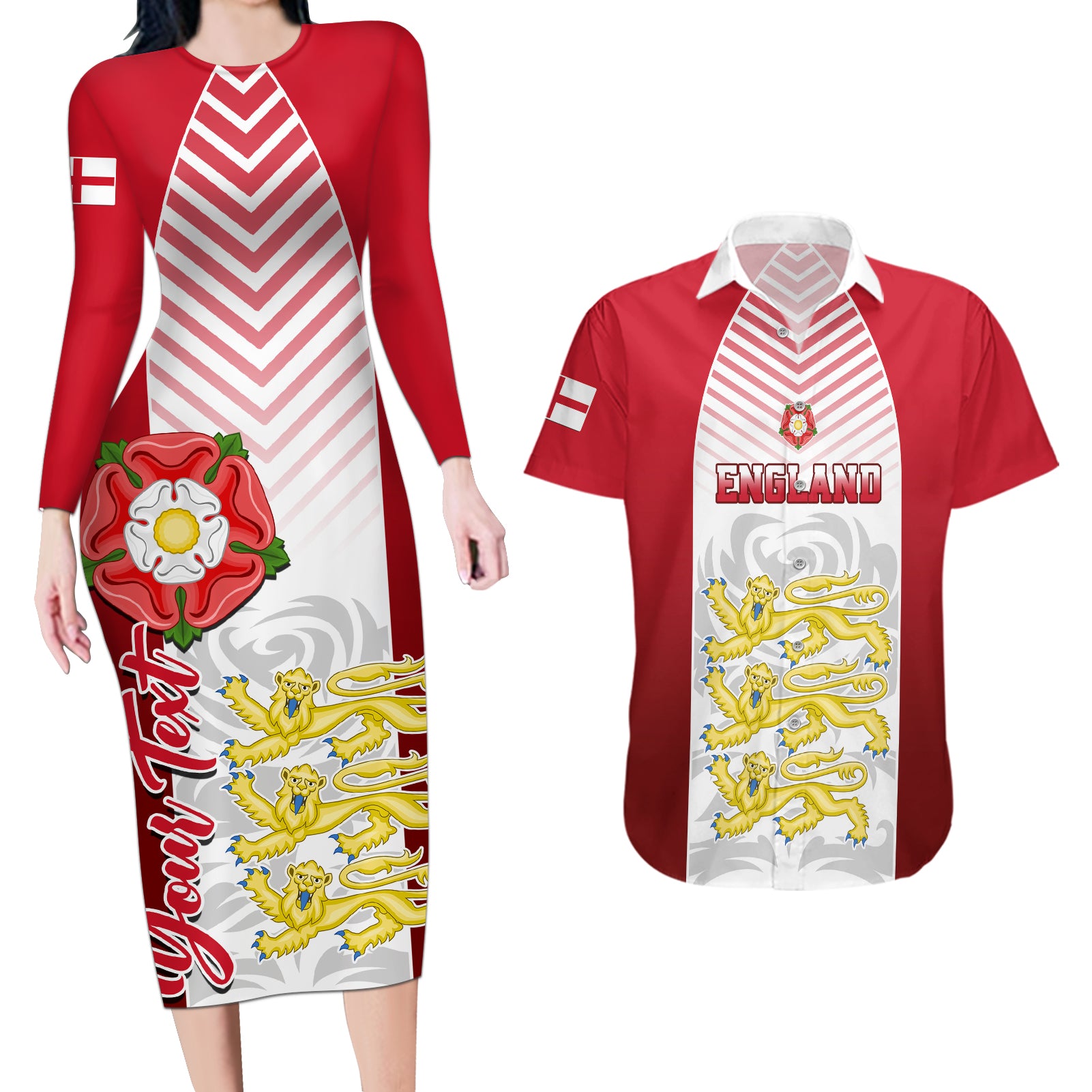 Personalised England Couples Matching Long Sleeve Bodycon Dress and Hawaiian Shirt Three Lions and Tudor Rose - Wonder Print Shop