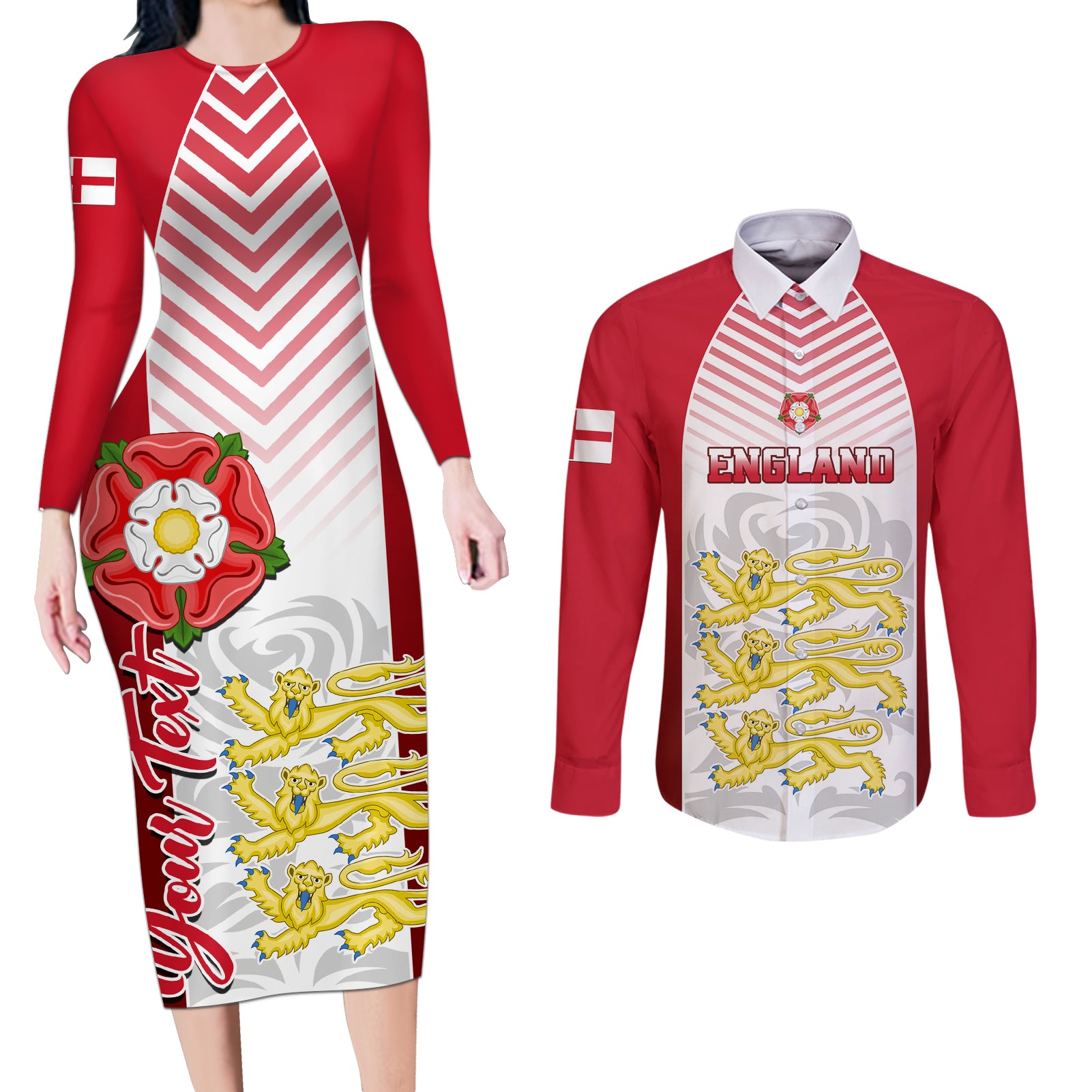 Personalised England Couples Matching Long Sleeve Bodycon Dress and Long Sleeve Button Shirts Three Lions and Tudor Rose - Wonder Print Shop