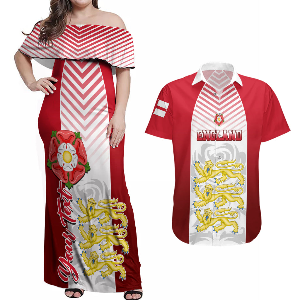 Personalised England Couples Matching Off Shoulder Maxi Dress and Hawaiian Shirt Three Lions and Tudor Rose - Wonder Print Shop