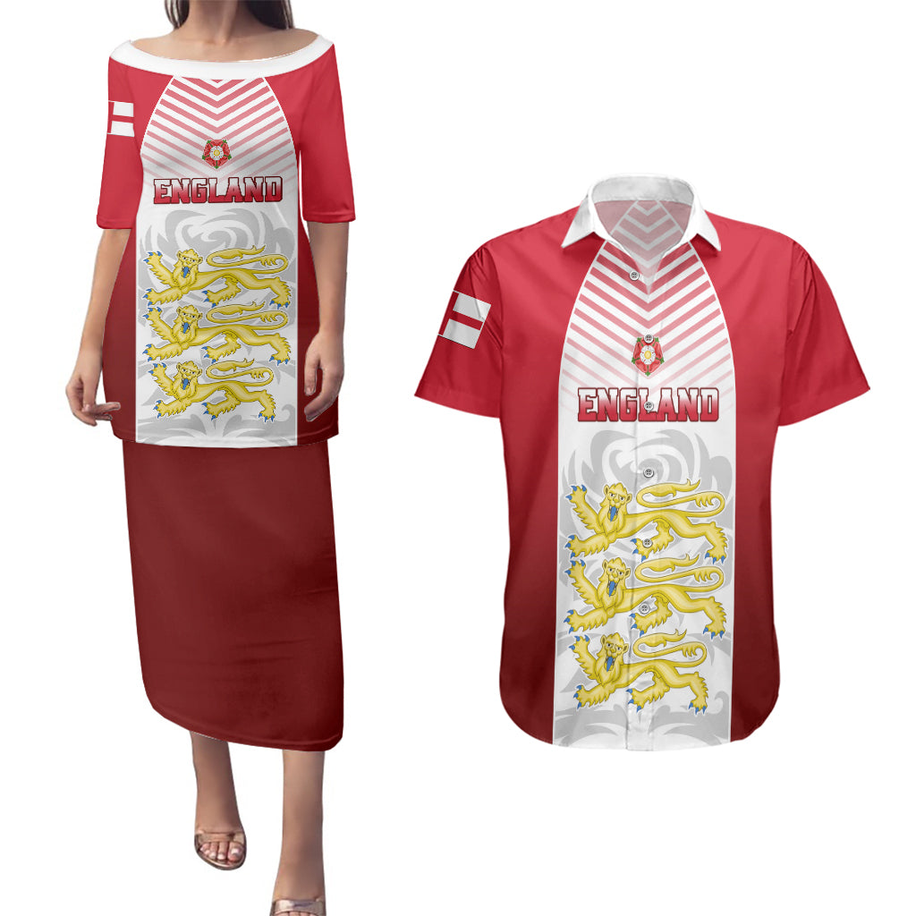 Personalised England Couples Matching Puletasi Dress and Hawaiian Shirt Three Lions and Tudor Rose - Wonder Print Shop