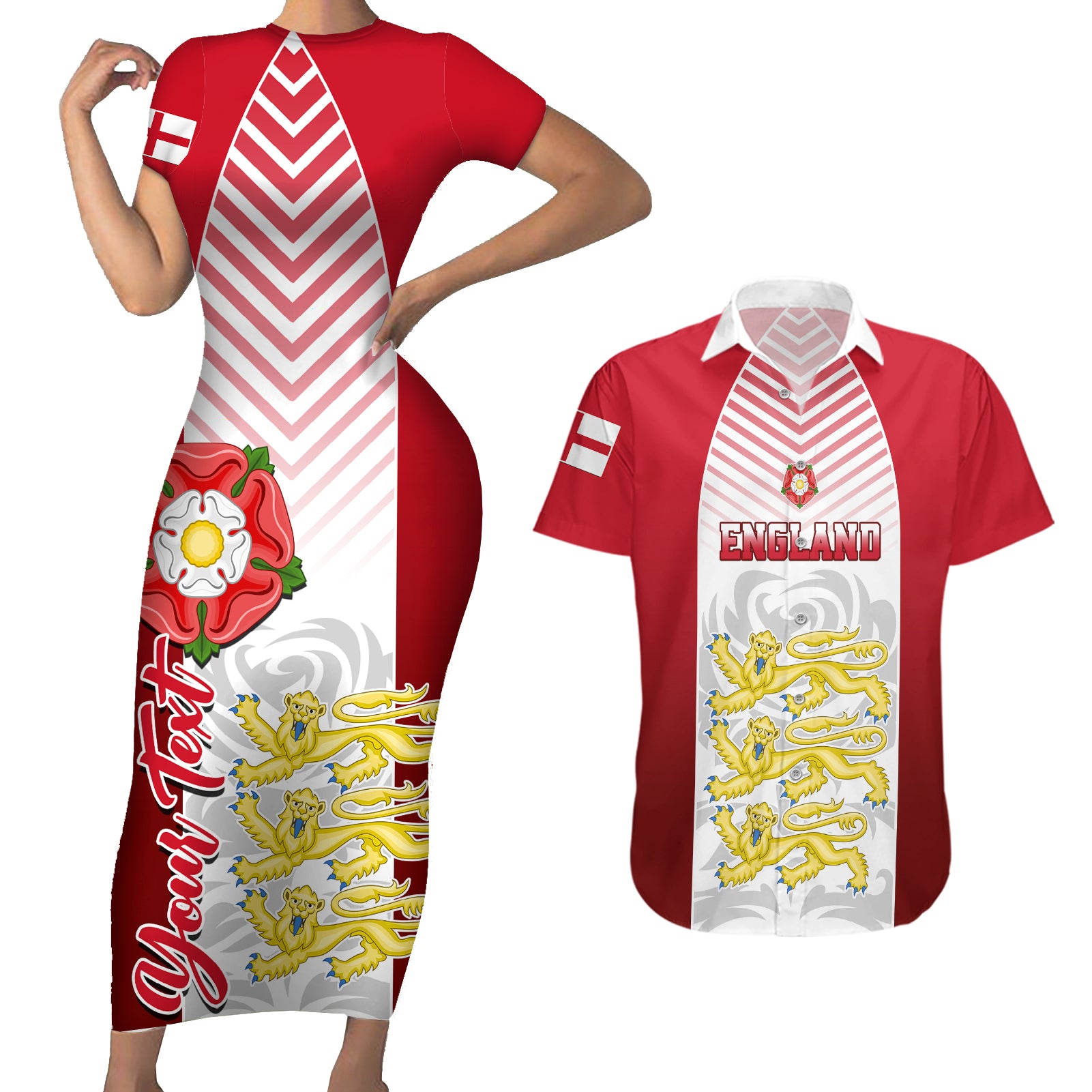 Personalised England Couples Matching Short Sleeve Bodycon Dress and Hawaiian Shirt Three Lions and Tudor Rose - Wonder Print Shop