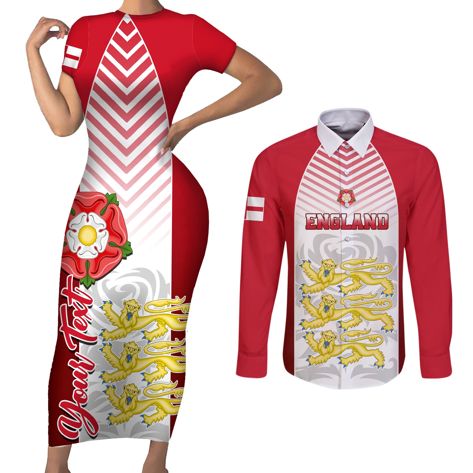 Personalised England Couples Matching Short Sleeve Bodycon Dress and Long Sleeve Button Shirts Three Lions and Tudor Rose - Wonder Print Shop