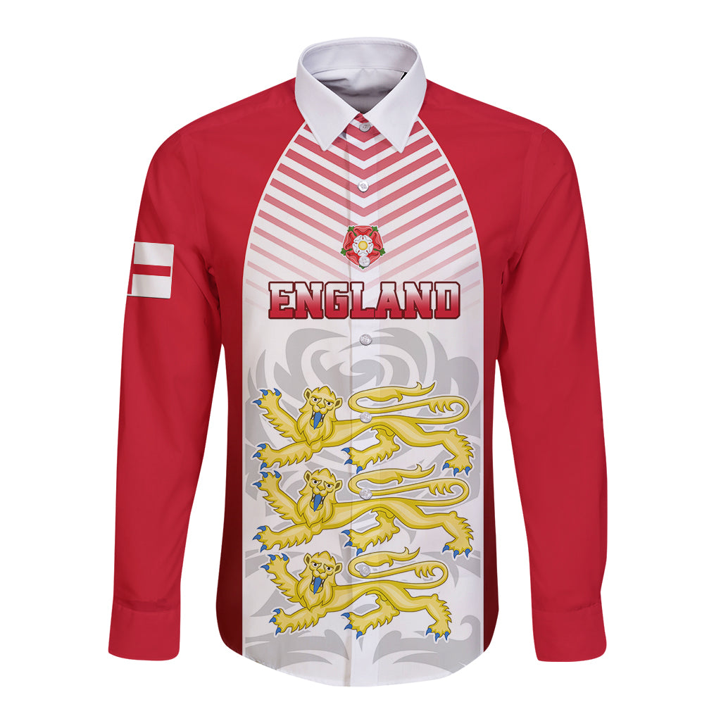 Red long-sleeve button shirt with white striped panel, England text and lion crest