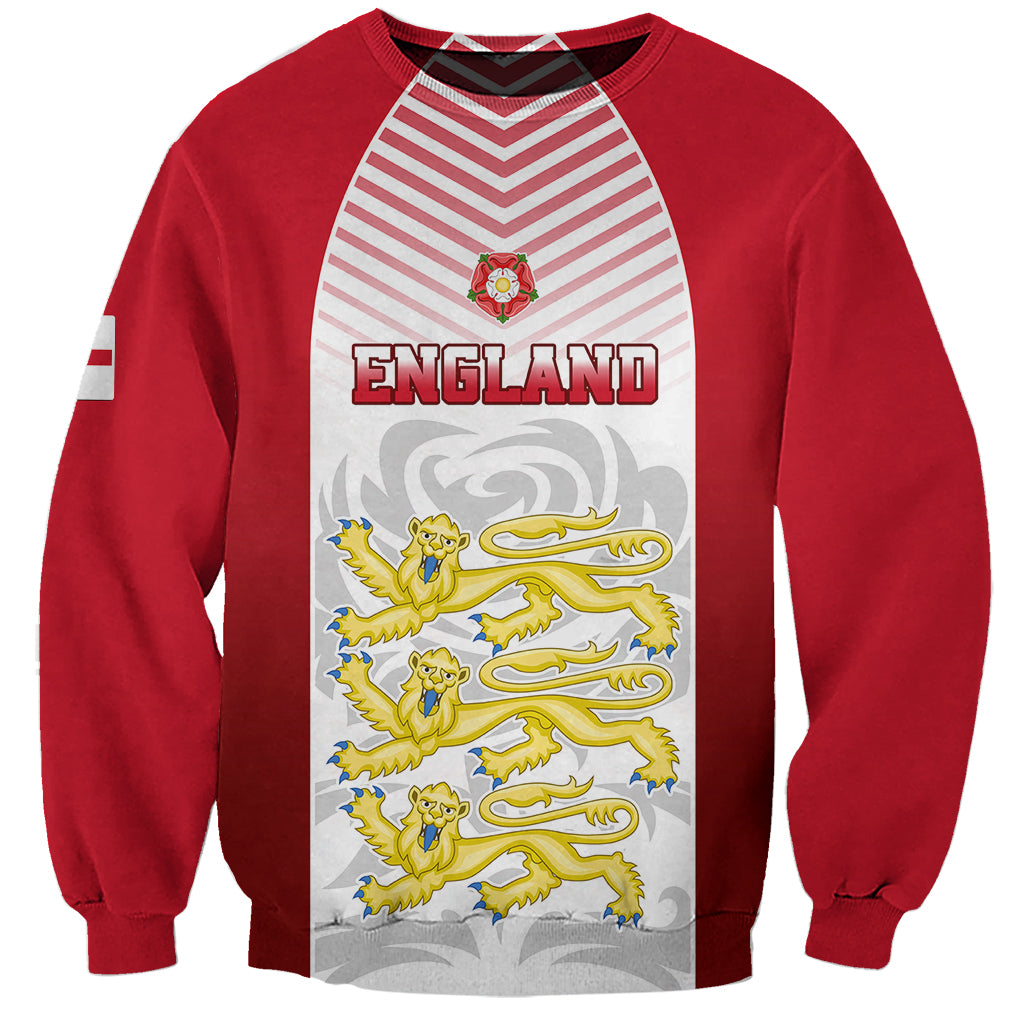 Red unisex sweatshirt with England text, Tudor rose crest, yellow lions graphic panel