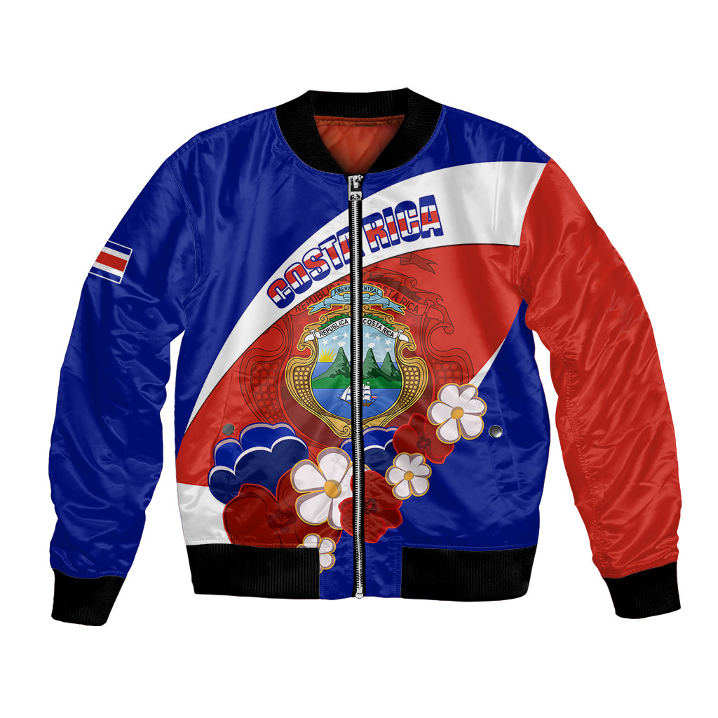 Unisex bomber jacket with blue-red satin, full zip, Costa Rica crest and flower graphic