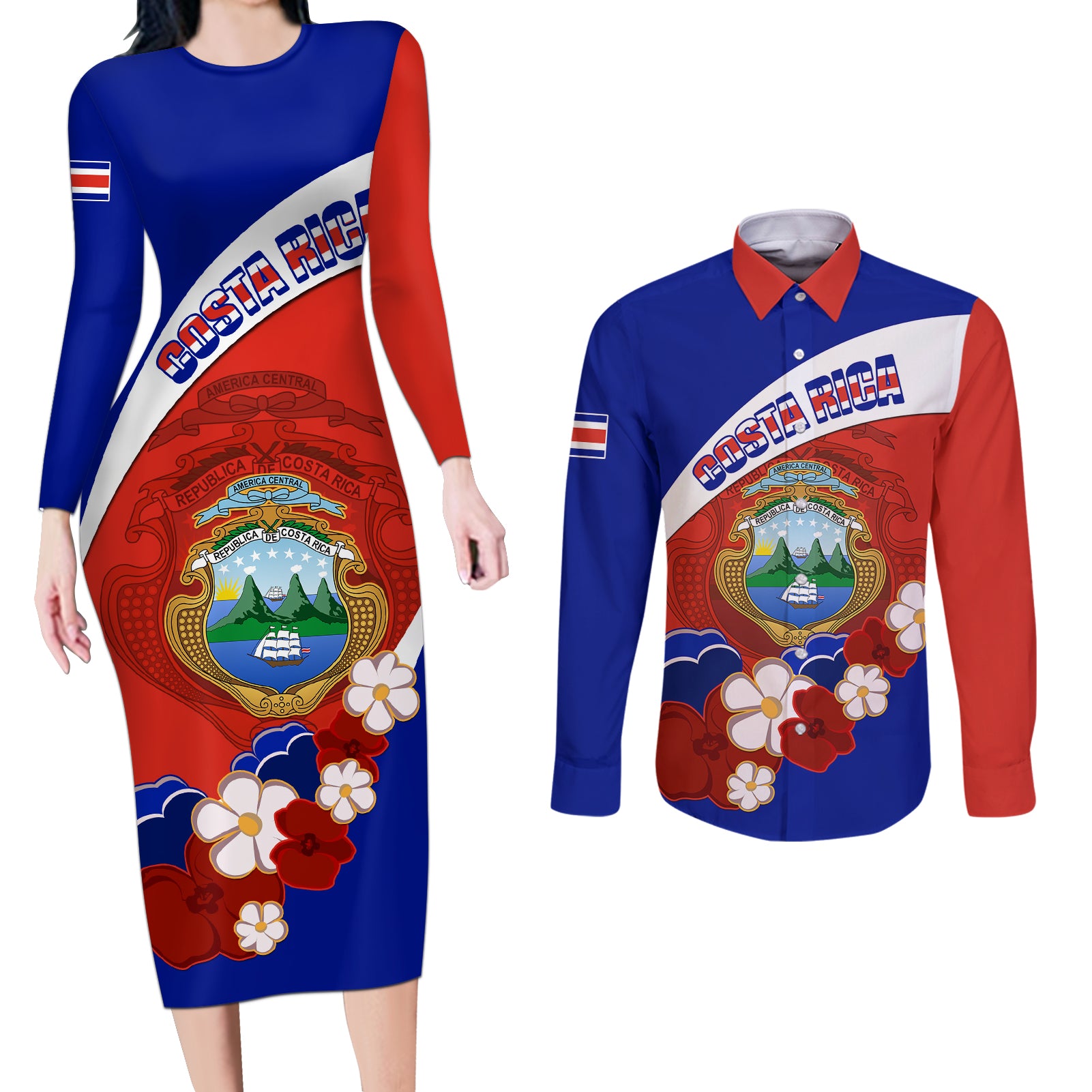 Costa Rica Couples Matching Long Sleeve Bodycon Dress and Long Sleeve Button Shirts Costa Rica Coat Of Arms With Flowers - Wonder Print Shop