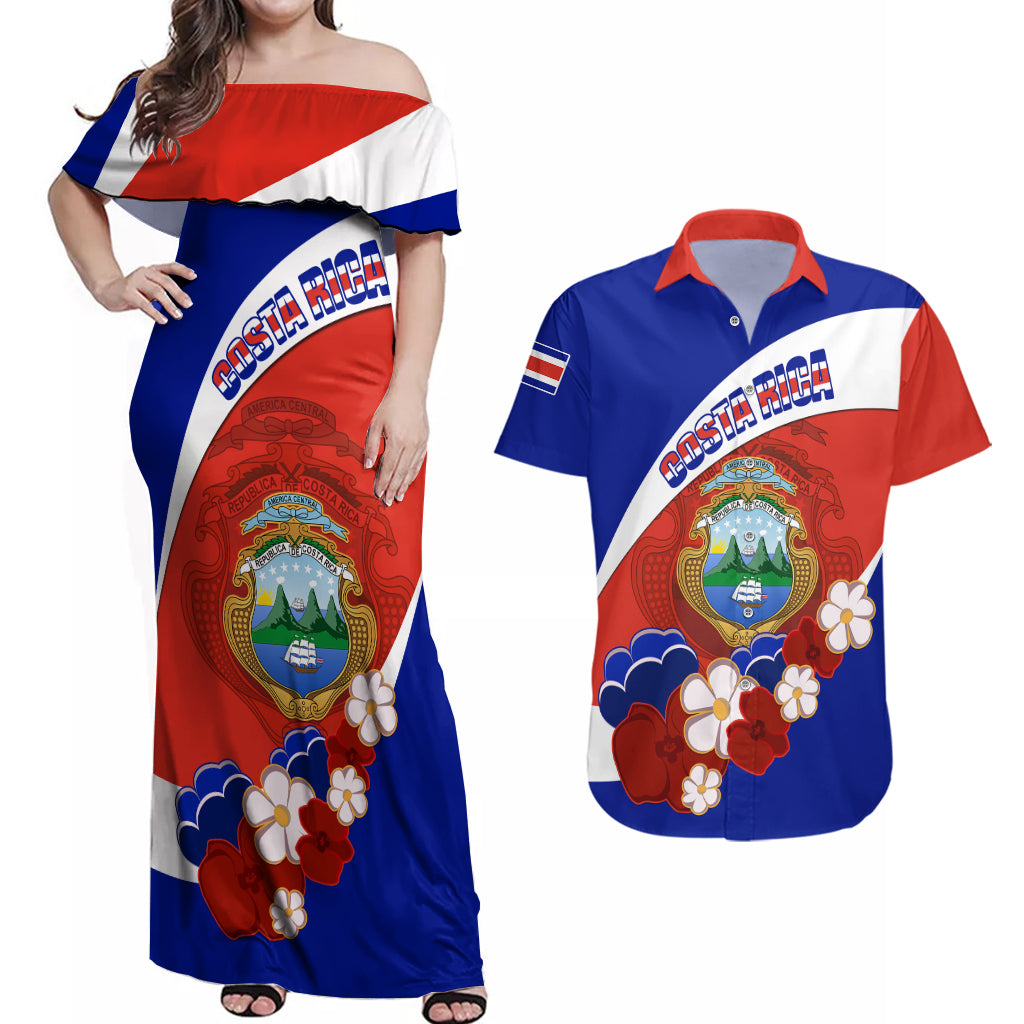 Costa Rica Couples Matching Off Shoulder Maxi Dress and Hawaiian Shirt Costa Rica Coat Of Arms With Flowers - Wonder Print Shop