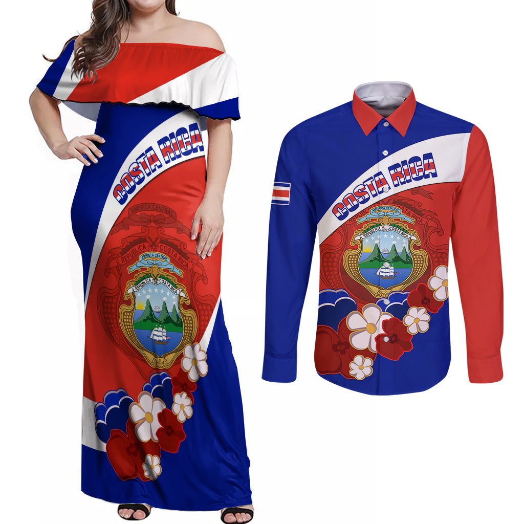 Costa Rica Couples Matching Off Shoulder Maxi Dress and Long Sleeve Button Shirts Costa Rica Coat Of Arms With Flowers - Wonder Print Shop