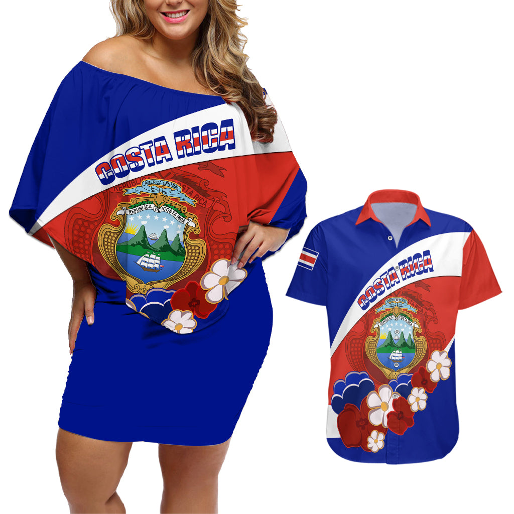 Costa Rica Couples Matching Off Shoulder Short Dress and Hawaiian Shirt Costa Rica Coat Of Arms With Flowers - Wonder Print Shop