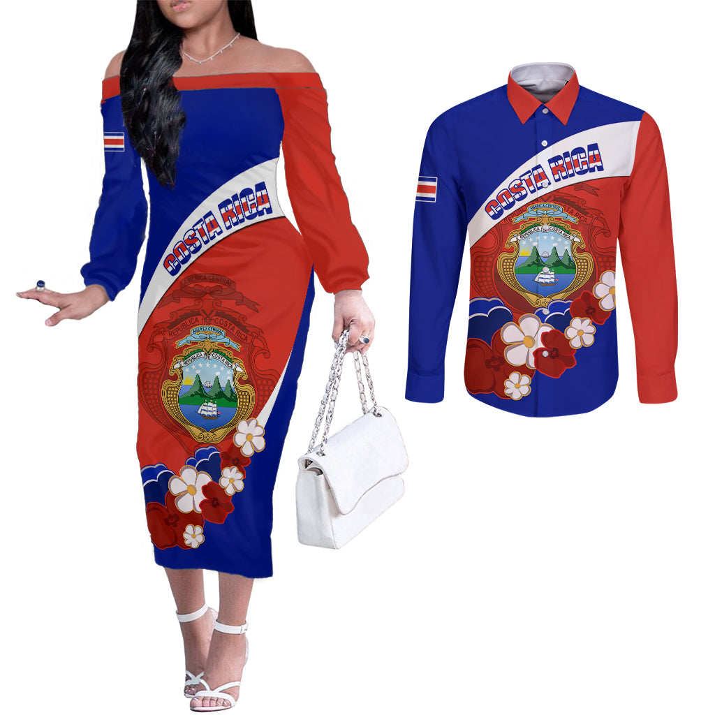 costa-rica-couples-matching-off-the-shoulder-long-sleeve-dress-and-long-sleeve-button-shirts-costa-rica-coat-of-arms-with-flowers