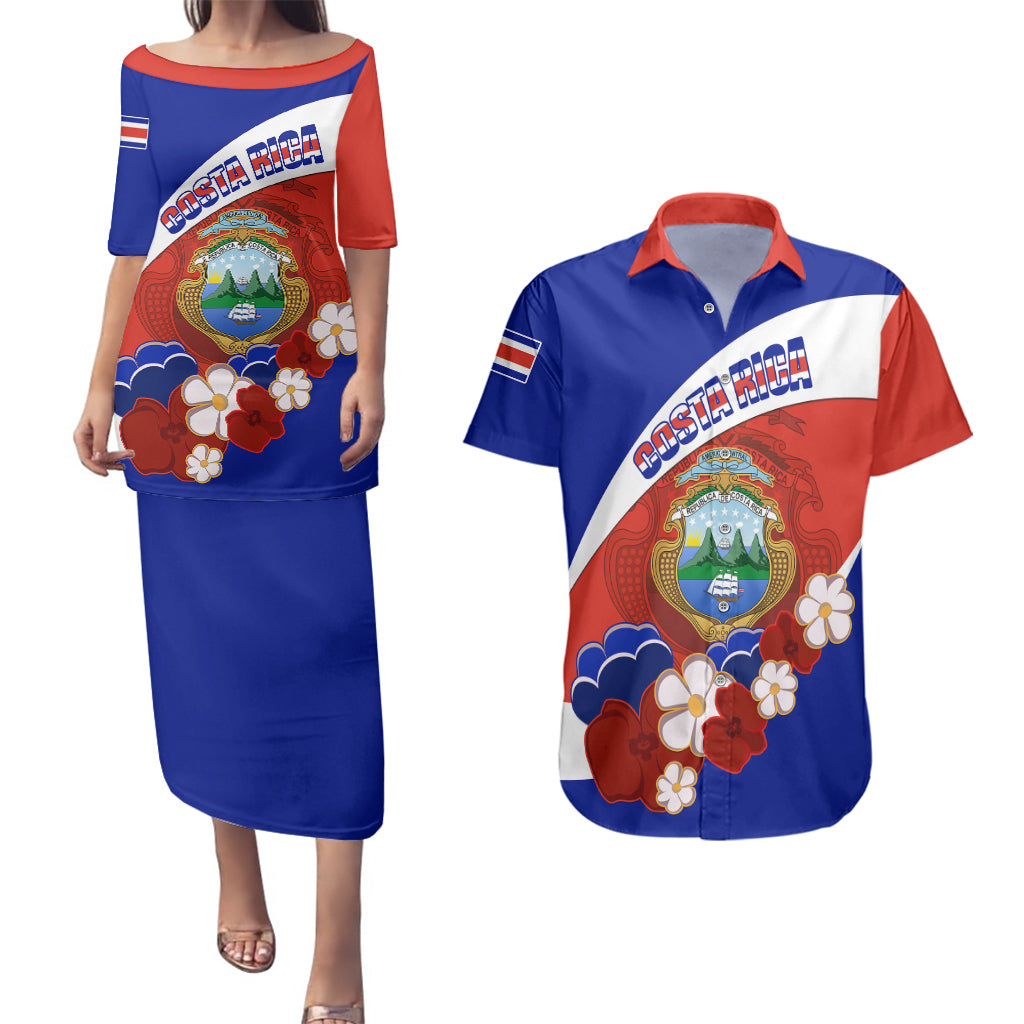 Costa Rica Couples Matching Puletasi Dress and Hawaiian Shirt Costa Rica Coat Of Arms With Flowers - Wonder Print Shop