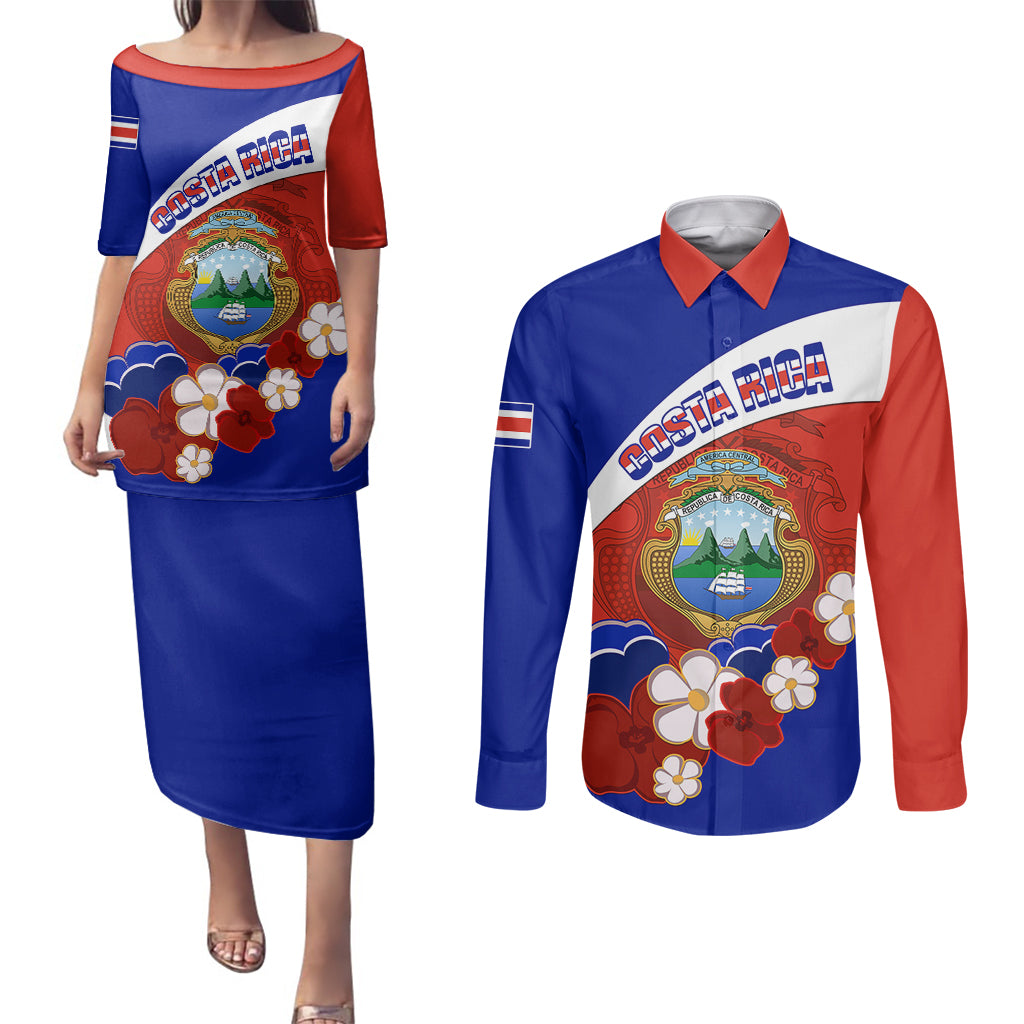 Costa Rica Couples Matching Puletasi Dress and Long Sleeve Button Shirts Costa Rica Coat Of Arms With Flowers - Wonder Print Shop