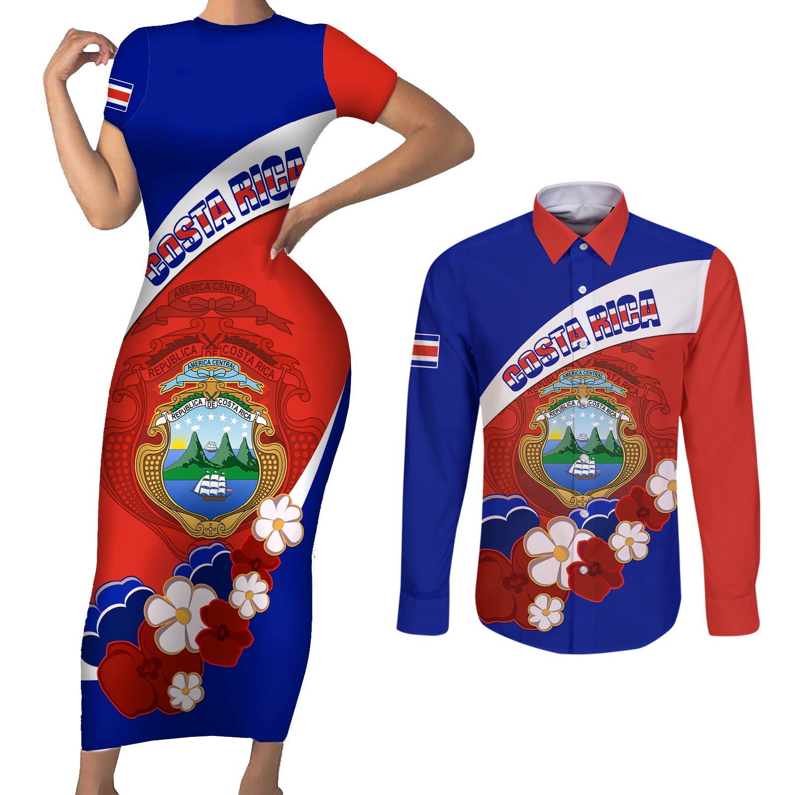 Costa Rica Couples Matching Short Sleeve Bodycon Dress and Long Sleeve Button Shirts Costa Rica Coat Of Arms With Flowers - Wonder Print Shop