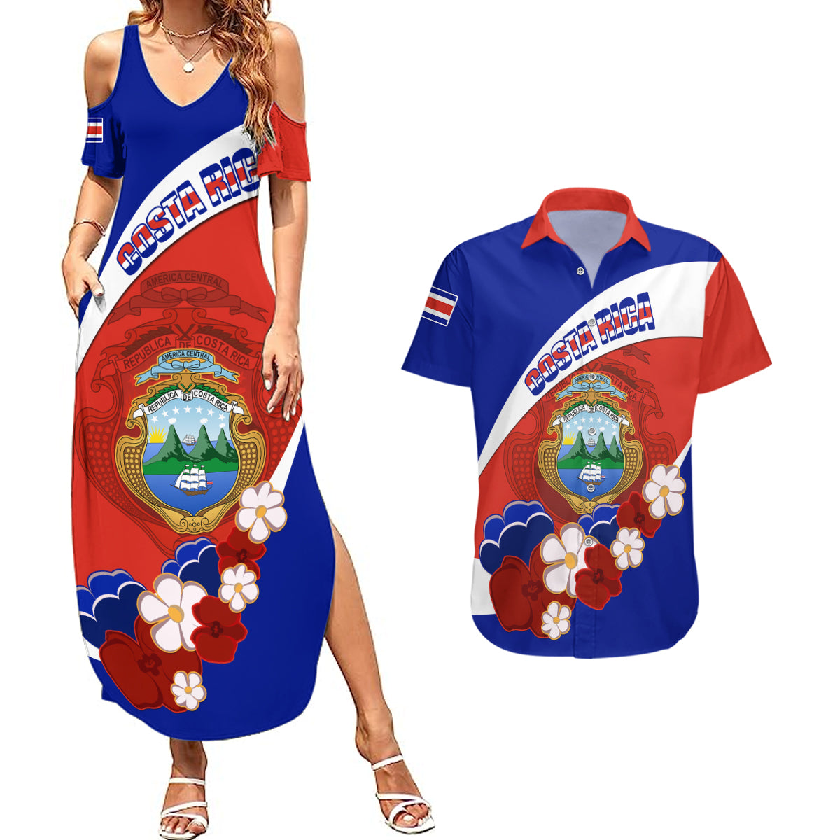 Costa Rica Couples Matching Summer Maxi Dress and Hawaiian Shirt Costa Rica Coat Of Arms With Flowers - Wonder Print Shop