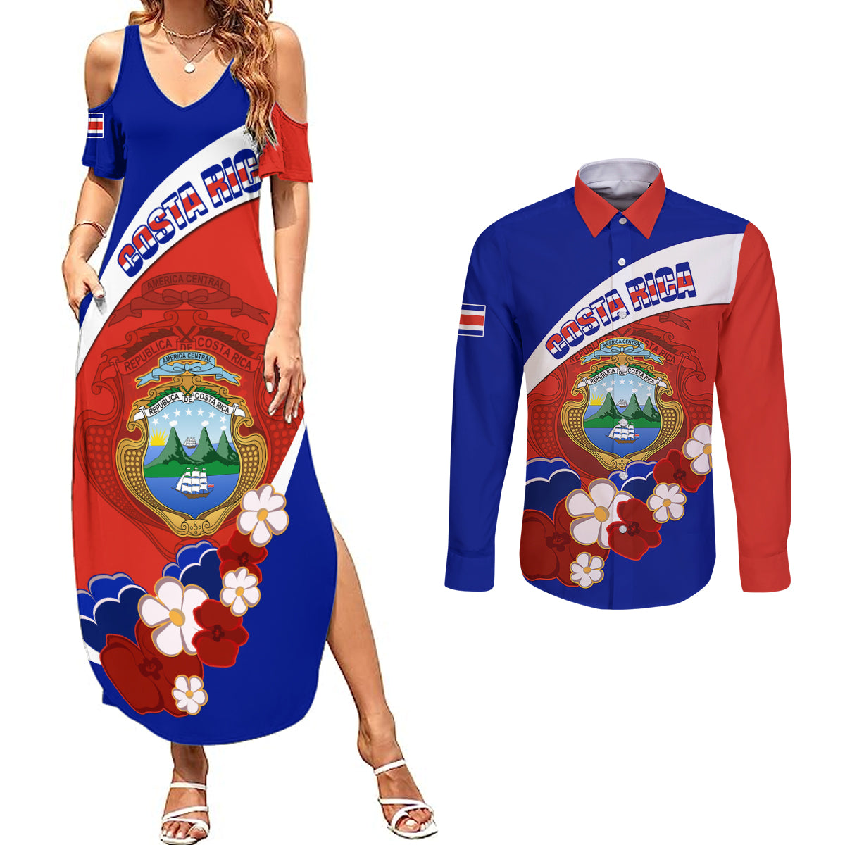 Costa Rica Couples Matching Summer Maxi Dress and Long Sleeve Button Shirts Costa Rica Coat Of Arms With Flowers - Wonder Print Shop