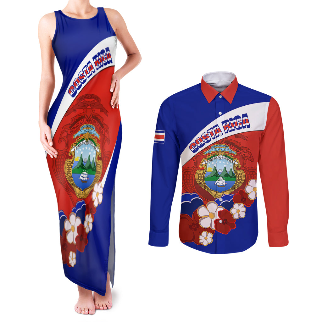 Costa Rica Couples Matching Tank Maxi Dress and Long Sleeve Button Shirts Costa Rica Coat Of Arms With Flowers - Wonder Print Shop