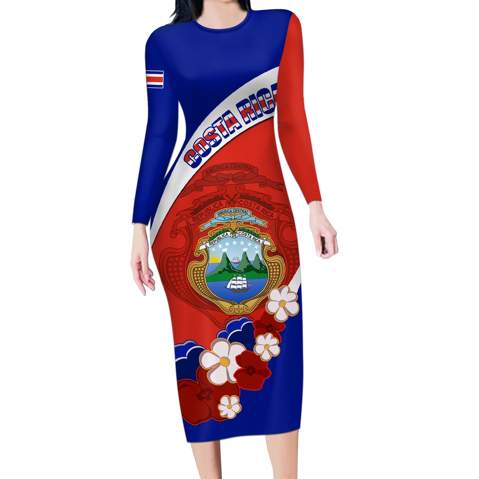 Costa Rica Long Sleeve Bodycon Dress Costa Rica Coat Of Arms With Flowers - Wonder Print Shop