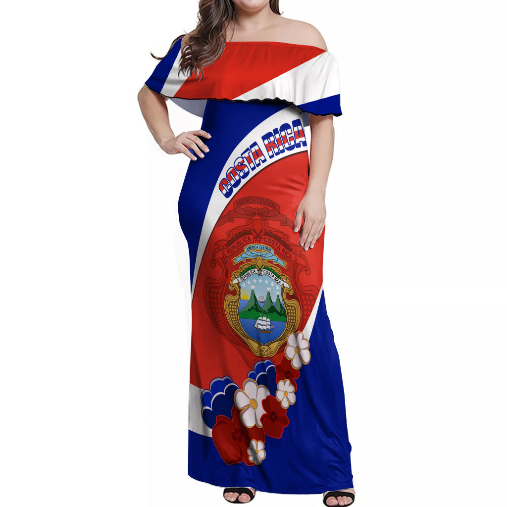 Costa Rica Off Shoulder Maxi Dress Costa Rica Coat Of Arms With Flowers - Wonder Print Shop