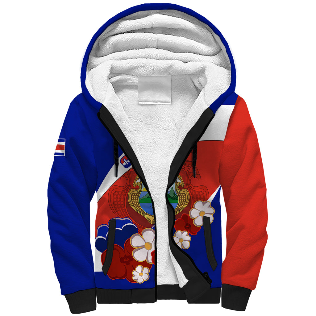 Costa Rica Sherpa Hoodie Costa Rica Coat Of Arms With Flowers - Wonder Print Shop