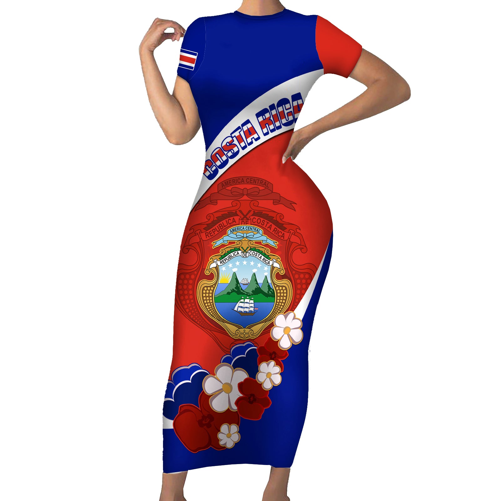 Costa Rica Short Sleeve Bodycon Dress Costa Rica Coat Of Arms With Flowers - Wonder Print Shop