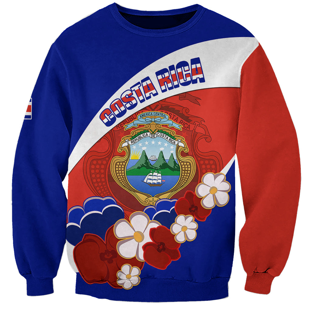 Unisex red and blue sweatshirt with white front panel, Costa Rica crest and flowers