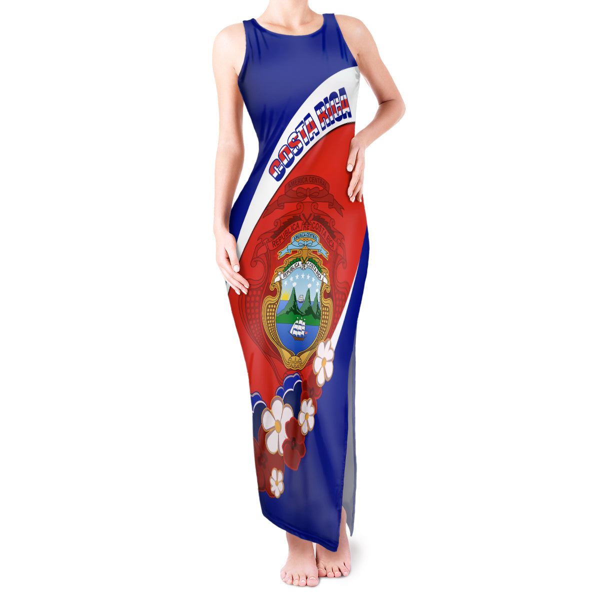 Costa Rica Tank Maxi Dress Costa Rica Coat Of Arms With Flowers - Wonder Print Shop