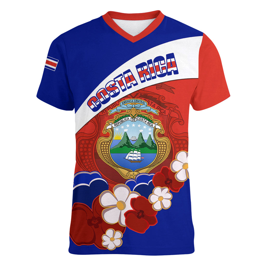 Costa Rica Women V Neck T Shirt Costa Rica Coat Of Arms With Flowers - Wonder Print Shop