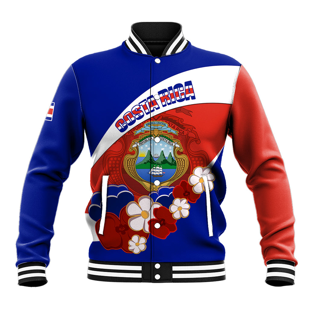 Red and blue baseball jacket with Costa Rica crest, flowers, and striped rib collar