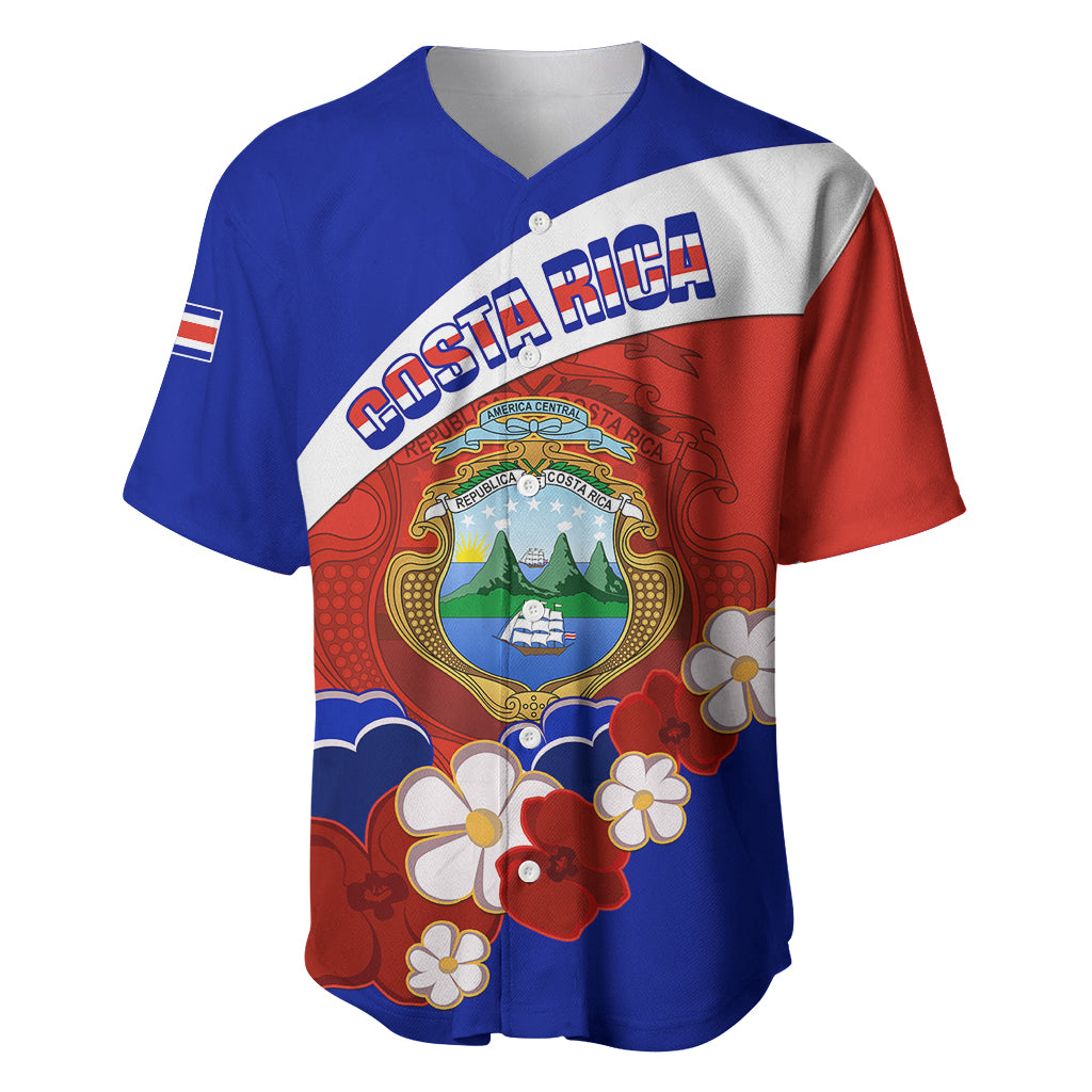 Blue and red Costa Rica baseball jersey with crest, flowers, and V-neck collar