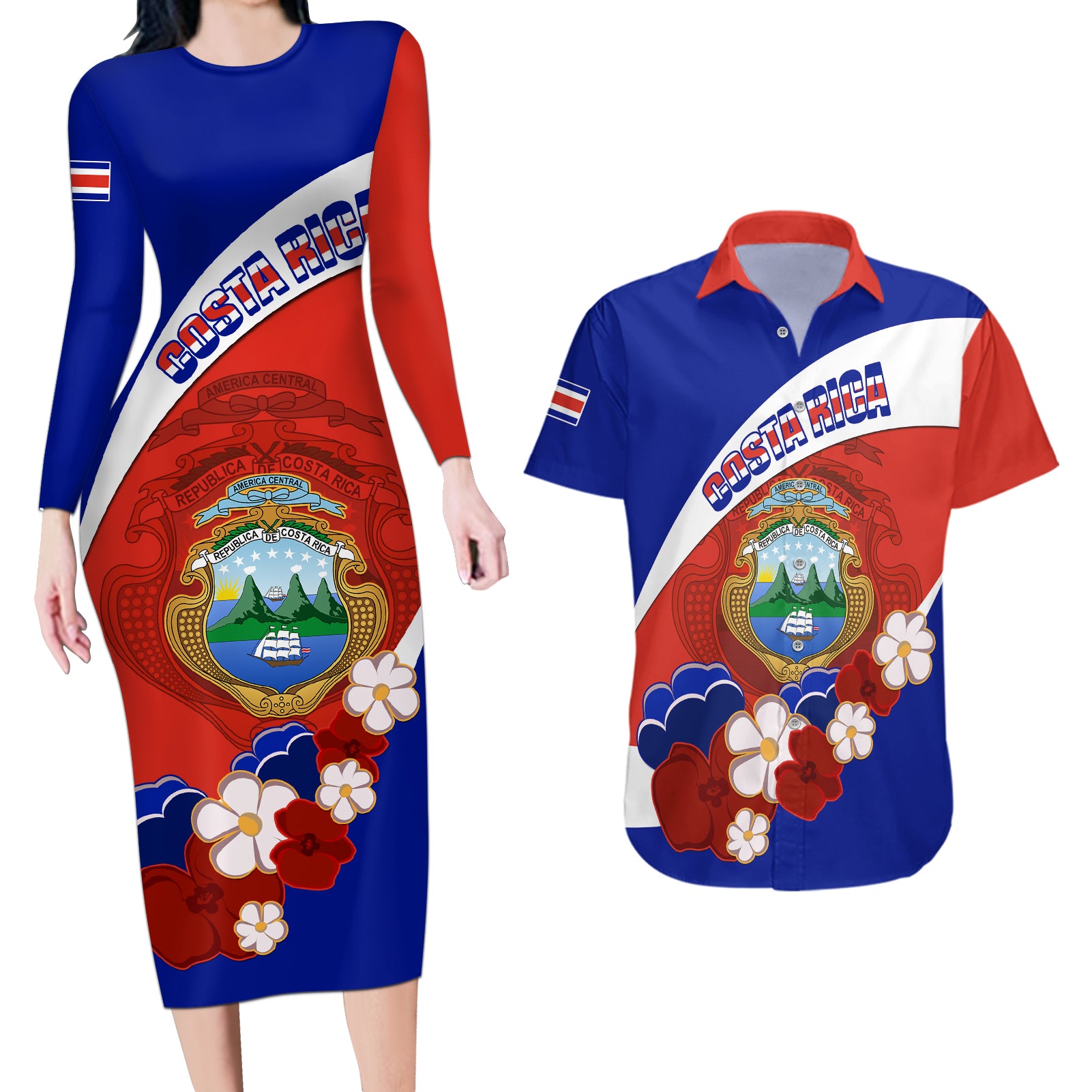 Personalised Costa Rica Couples Matching Long Sleeve Bodycon Dress and Hawaiian Shirt Costa Rica Coat Of Arms With Flowers - Wonder Print Shop