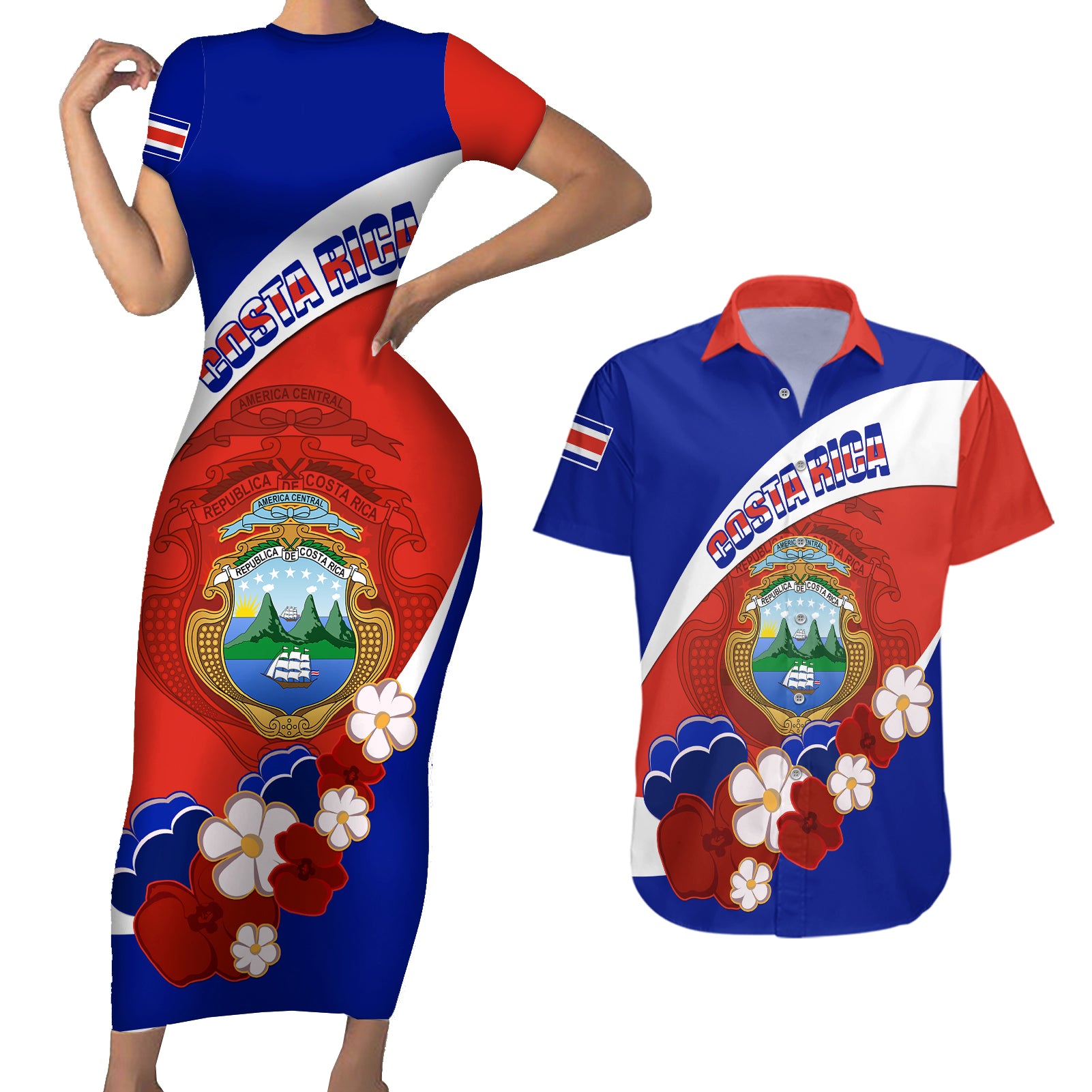 Personalised Costa Rica Couples Matching Short Sleeve Bodycon Dress and Hawaiian Shirt Costa Rica Coat Of Arms With Flowers - Wonder Print Shop