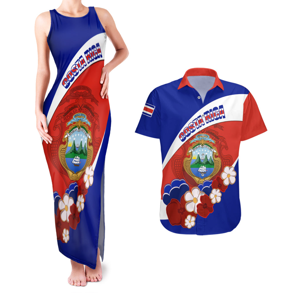 Personalised Costa Rica Couples Matching Tank Maxi Dress and Hawaiian Shirt Costa Rica Coat Of Arms With Flowers - Wonder Print Shop