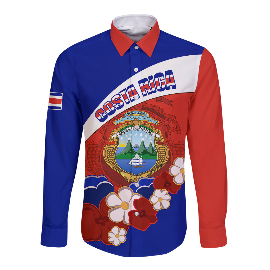 Long-sleeve button shirt in red and blue with Costa Rica emblem and floral print