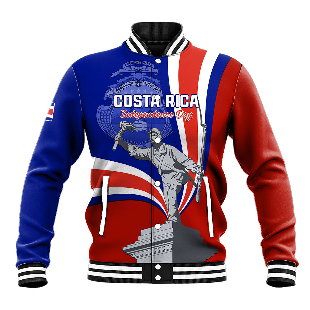 Color-block baseball jacket with ribbed collar and striped cuffs; Independence Day graphic