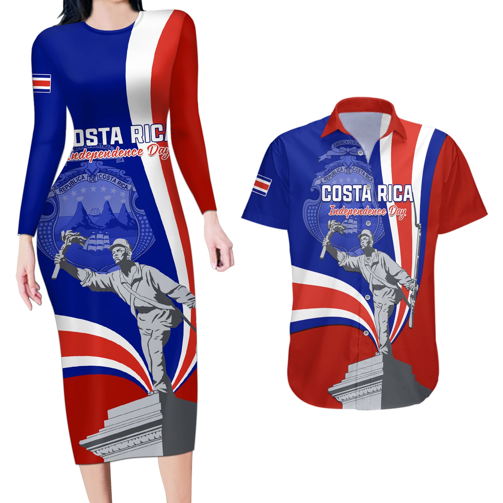 Costa Rica Independence Day Couples Matching Long Sleeve Bodycon Dress and Hawaiian Shirt Juan Santamaria National Hero - Wonder Print Shop