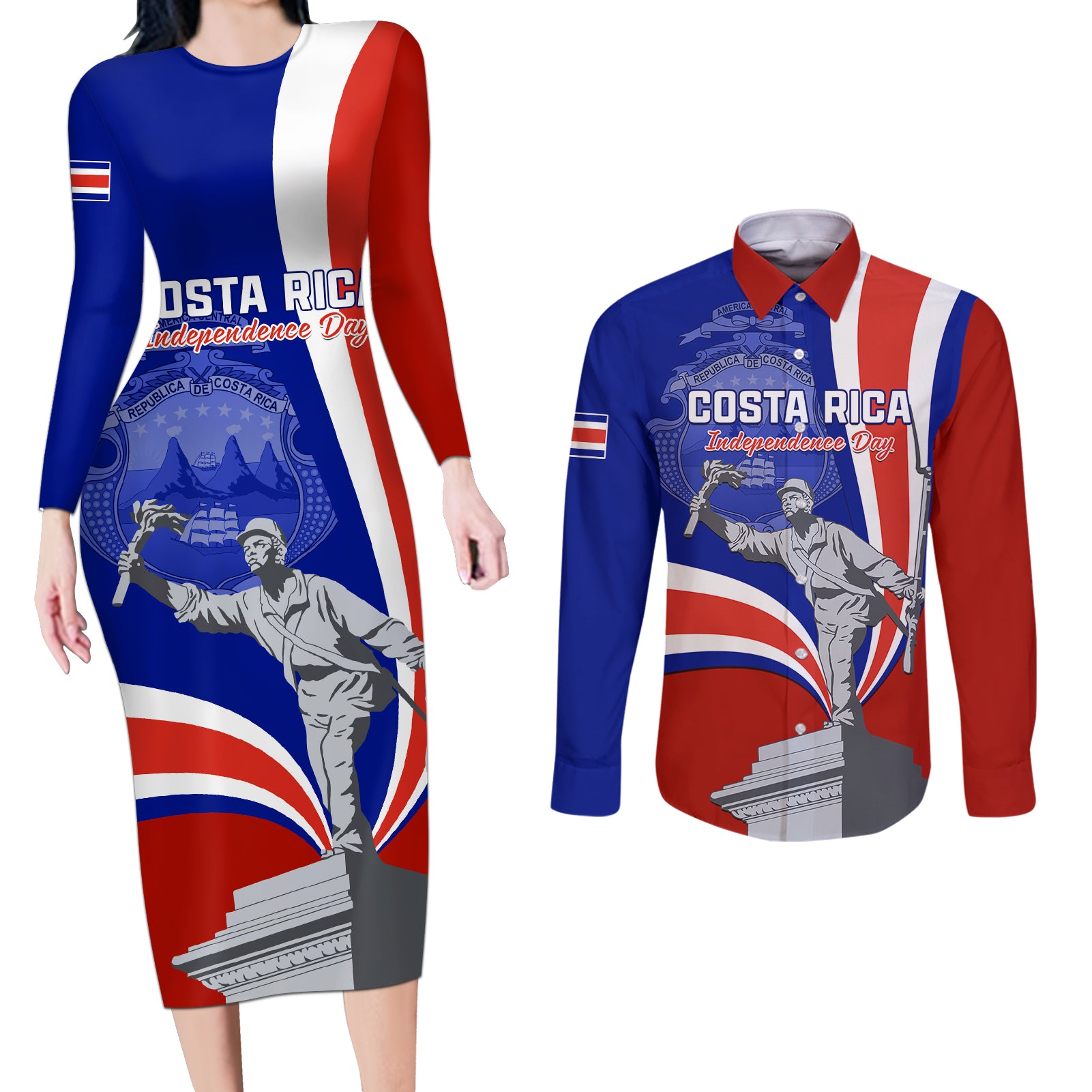 Costa Rica Independence Day Couples Matching Long Sleeve Bodycon Dress and Long Sleeve Button Shirts Juan Santamaria National Hero - Wonder Print Shop