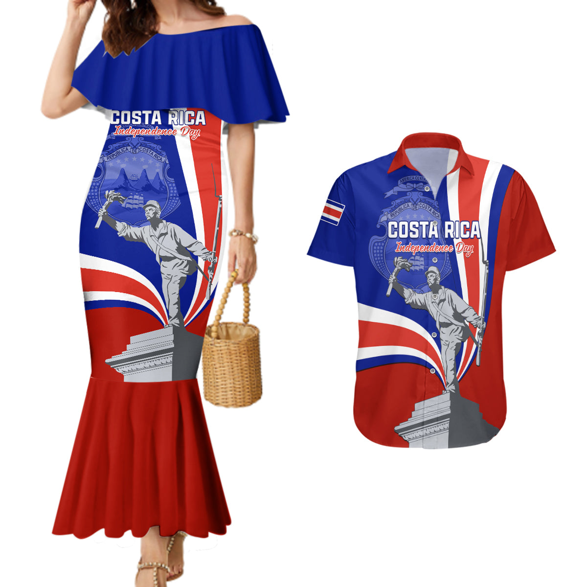 Costa Rica Independence Day Couples Matching Mermaid Dress and Hawaiian Shirt Juan Santamaria National Hero - Wonder Print Shop