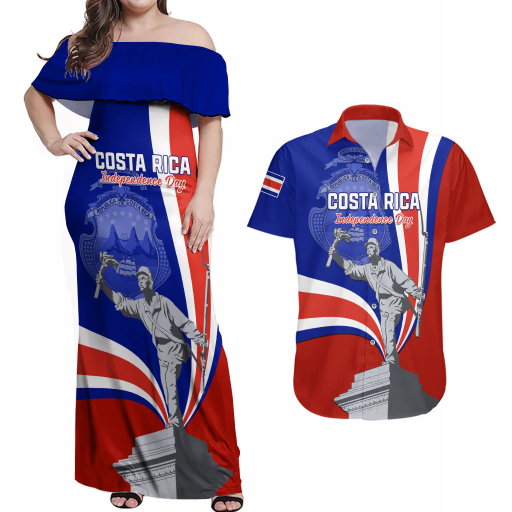 Costa Rica Independence Day Couples Matching Off Shoulder Maxi Dress and Hawaiian Shirt Juan Santamaria National Hero - Wonder Print Shop