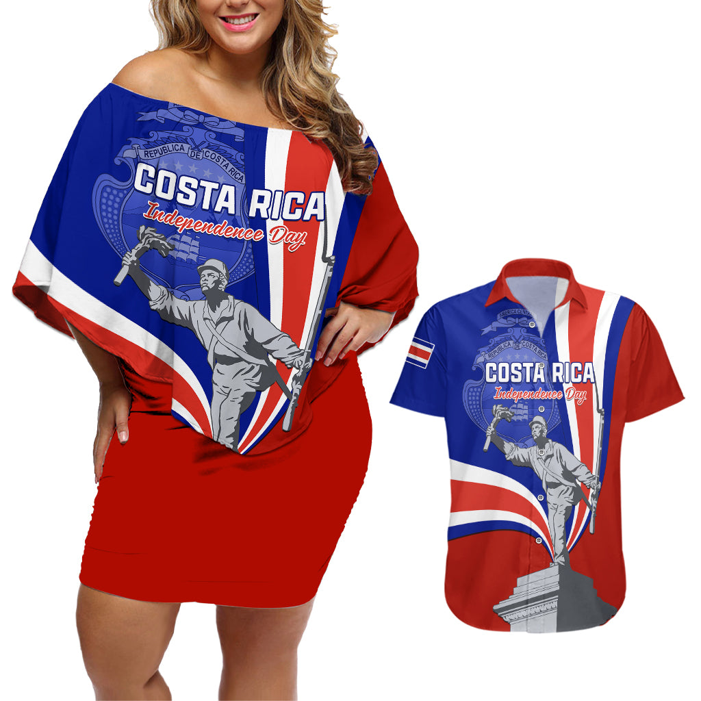 Costa Rica Independence Day Couples Matching Off Shoulder Short Dress and Hawaiian Shirt Juan Santamaria National Hero - Wonder Print Shop