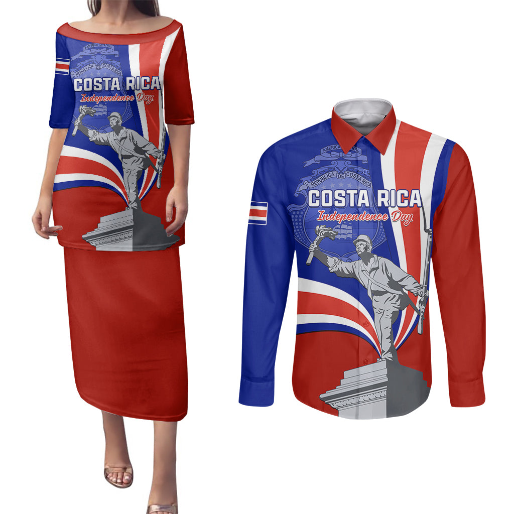 Costa Rica Independence Day Couples Matching Puletasi Dress and Long Sleeve Button Shirts Juan Santamaria National Hero - Wonder Print Shop