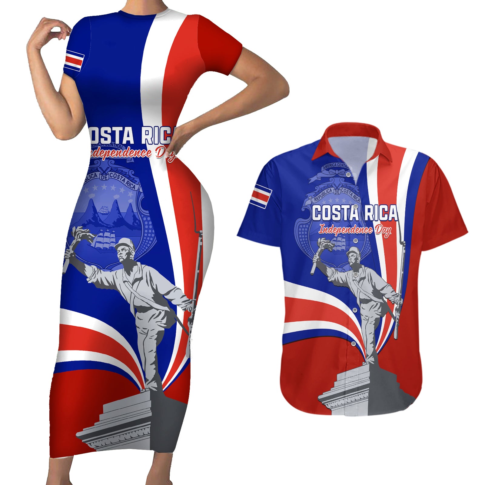 Costa Rica Independence Day Couples Matching Short Sleeve Bodycon Dress and Hawaiian Shirt Juan Santamaria National Hero - Wonder Print Shop