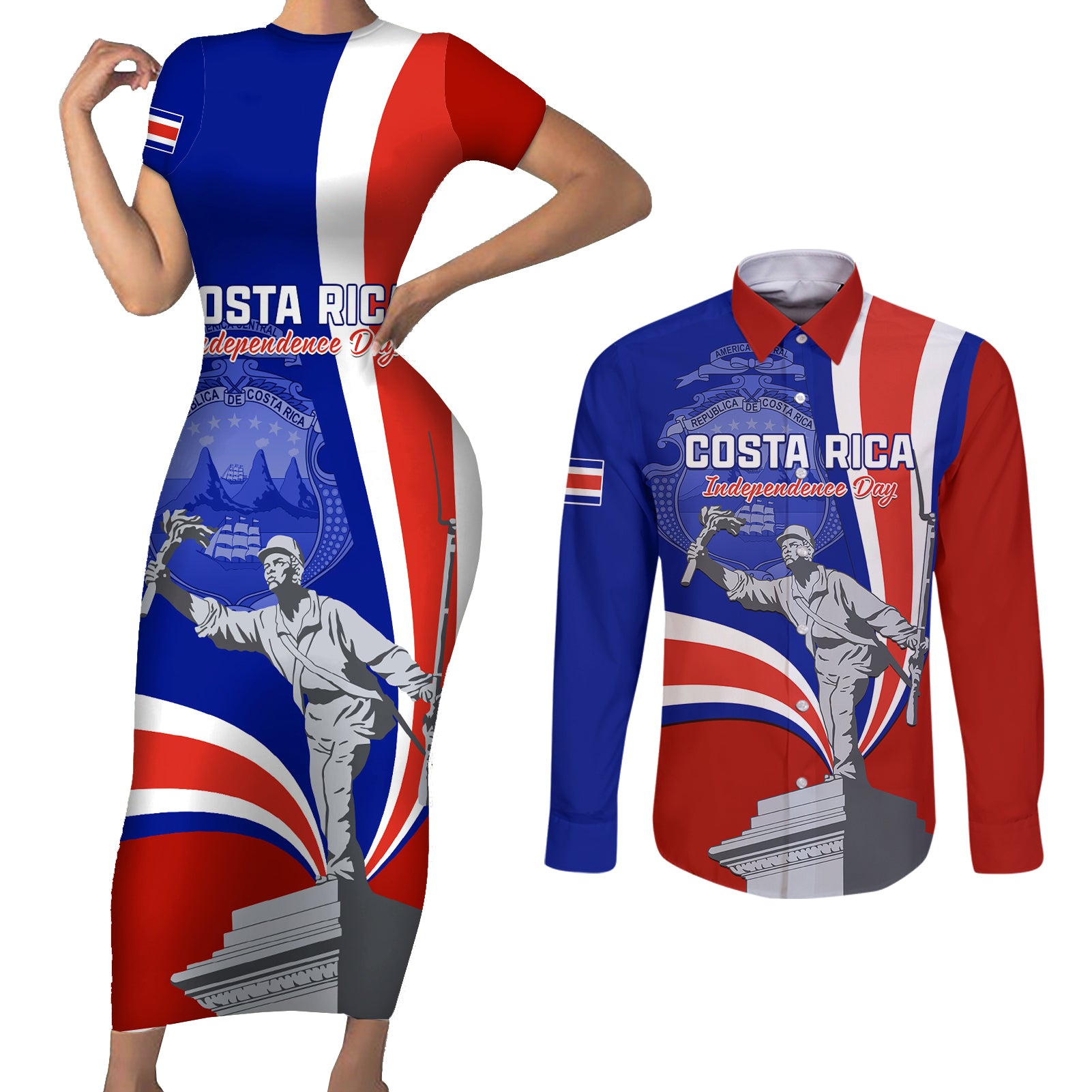 Costa Rica Independence Day Couples Matching Short Sleeve Bodycon Dress and Long Sleeve Button Shirts Juan Santamaria National Hero - Wonder Print Shop