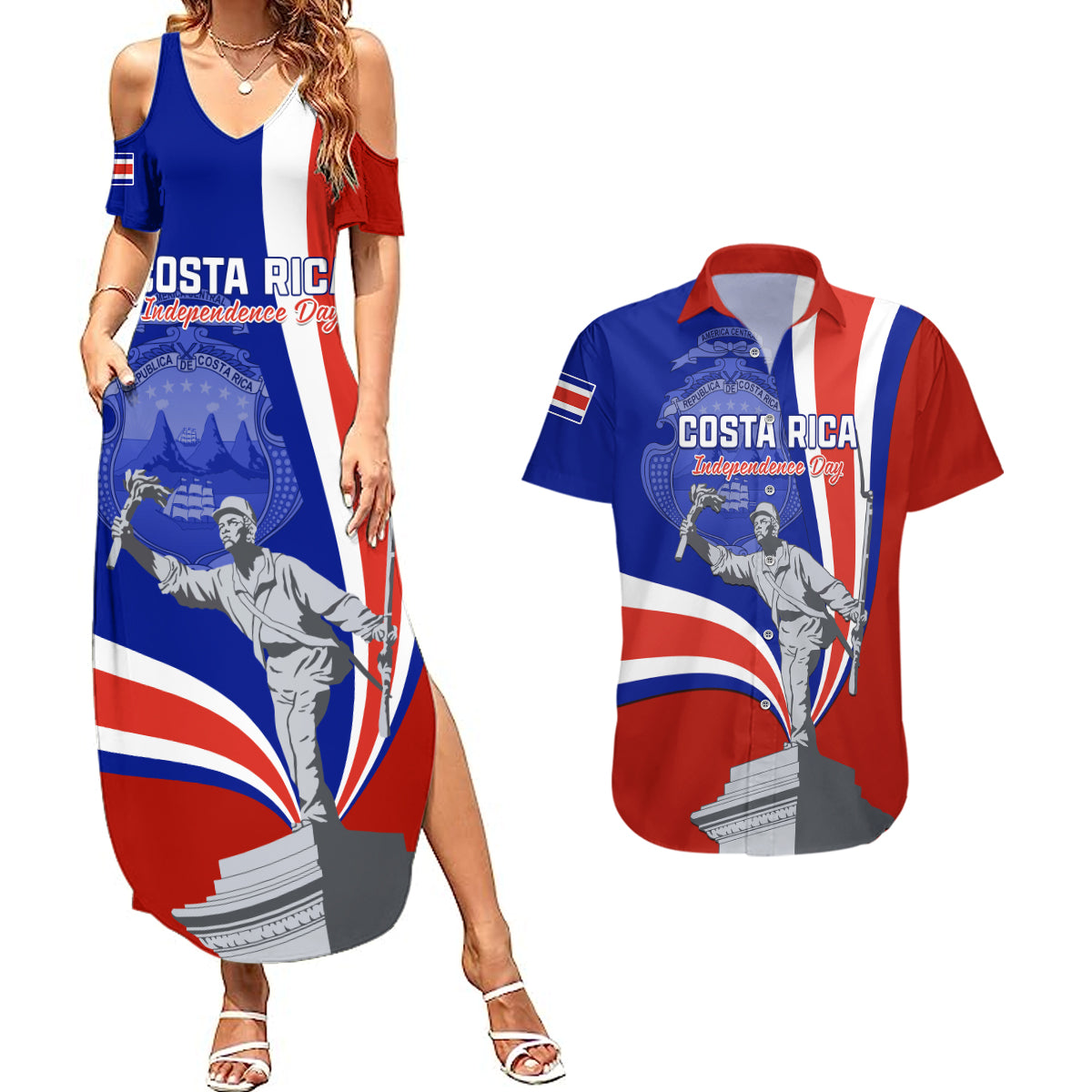 Costa Rica Independence Day Couples Matching Summer Maxi Dress and Hawaiian Shirt Juan Santamaria National Hero - Wonder Print Shop