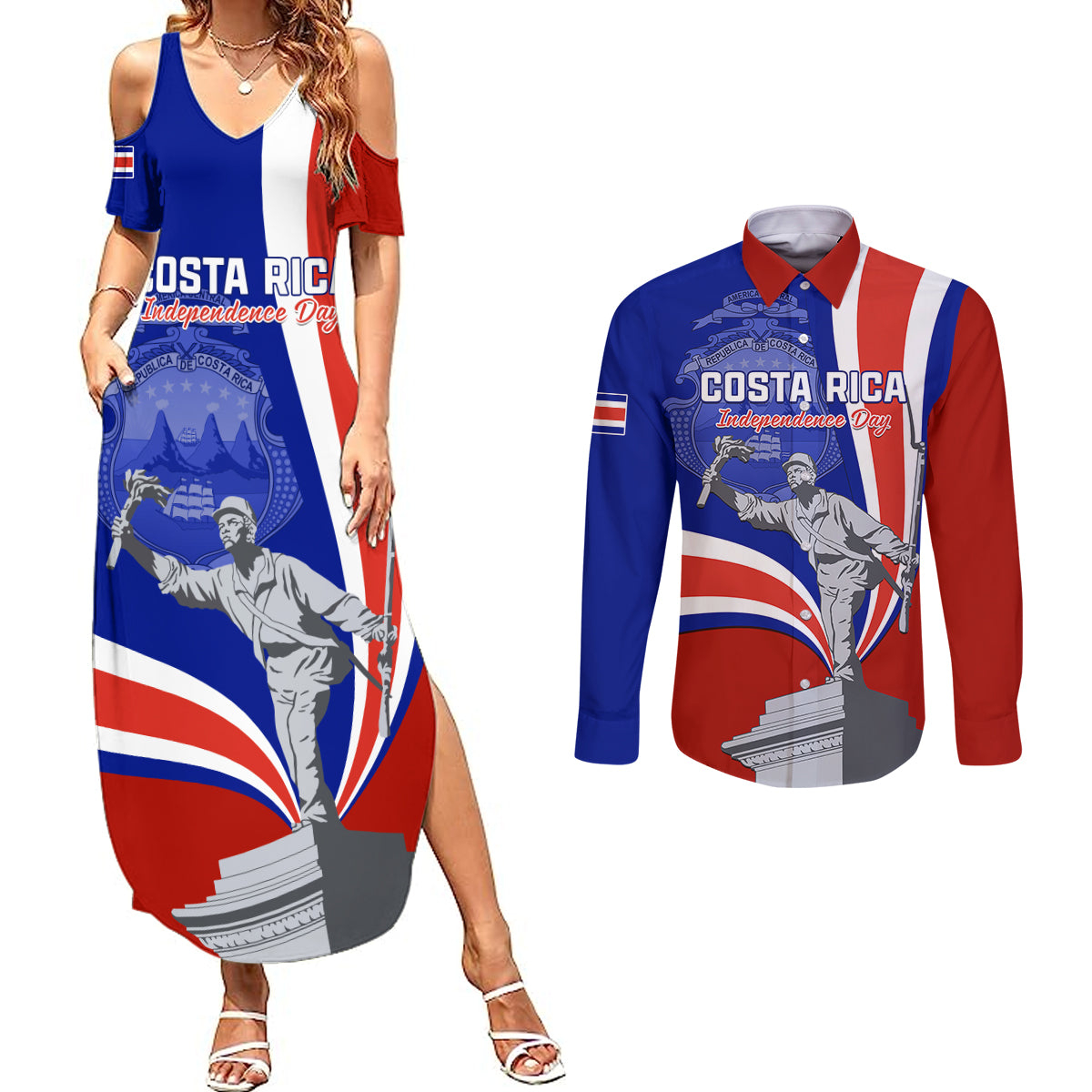 Costa Rica Independence Day Couples Matching Summer Maxi Dress and Long Sleeve Button Shirts Juan Santamaria National Hero - Wonder Print Shop