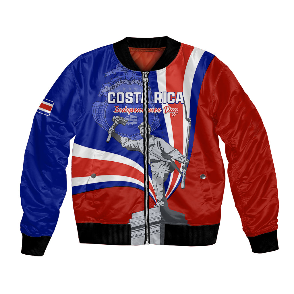 Unisex bomber jacket with Costa Rica Independence Day graphic, red/blue flag panels, zip front