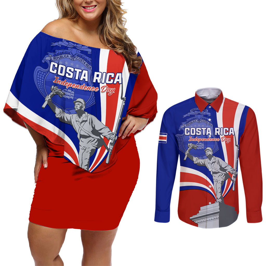 Personalised Costa Rica Independence Day Couples Matching Off Shoulder Short Dress and Long Sleeve Button Shirts Juan Santamaria National Hero - Wonder Print Shop