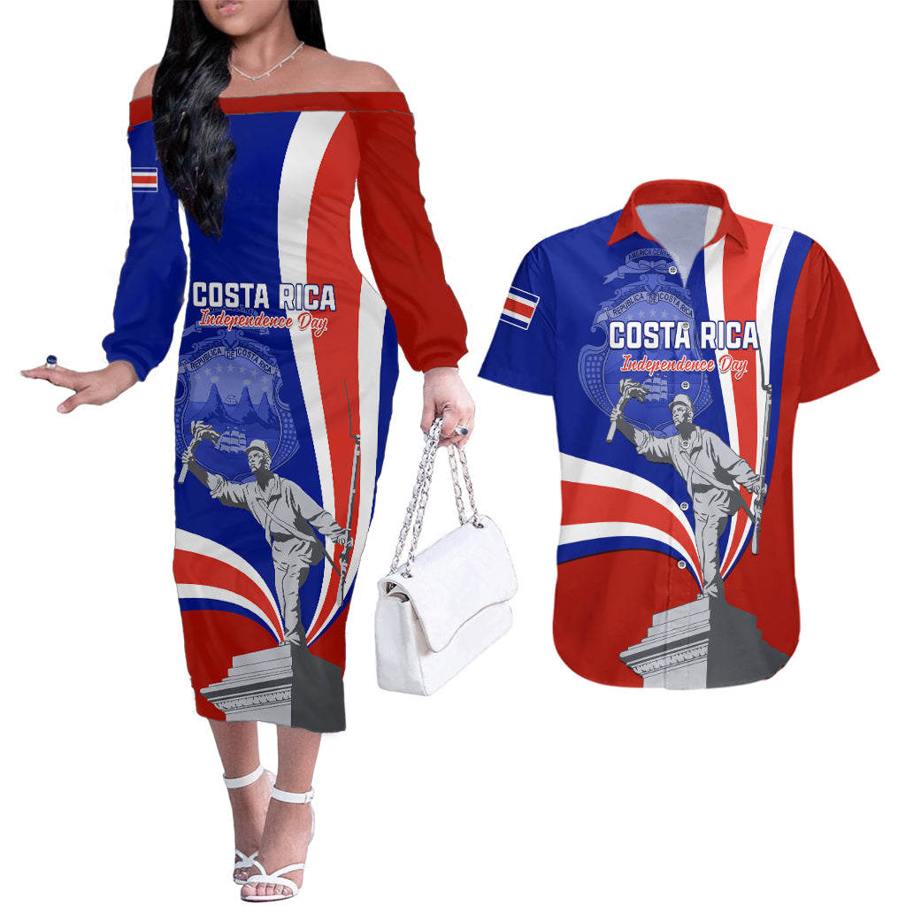 Personalised Costa Rica Independence Day Couples Matching Off The Shoulder Long Sleeve Dress and Hawaiian Shirt Juan Santamaria National Hero - Wonder Print Shop