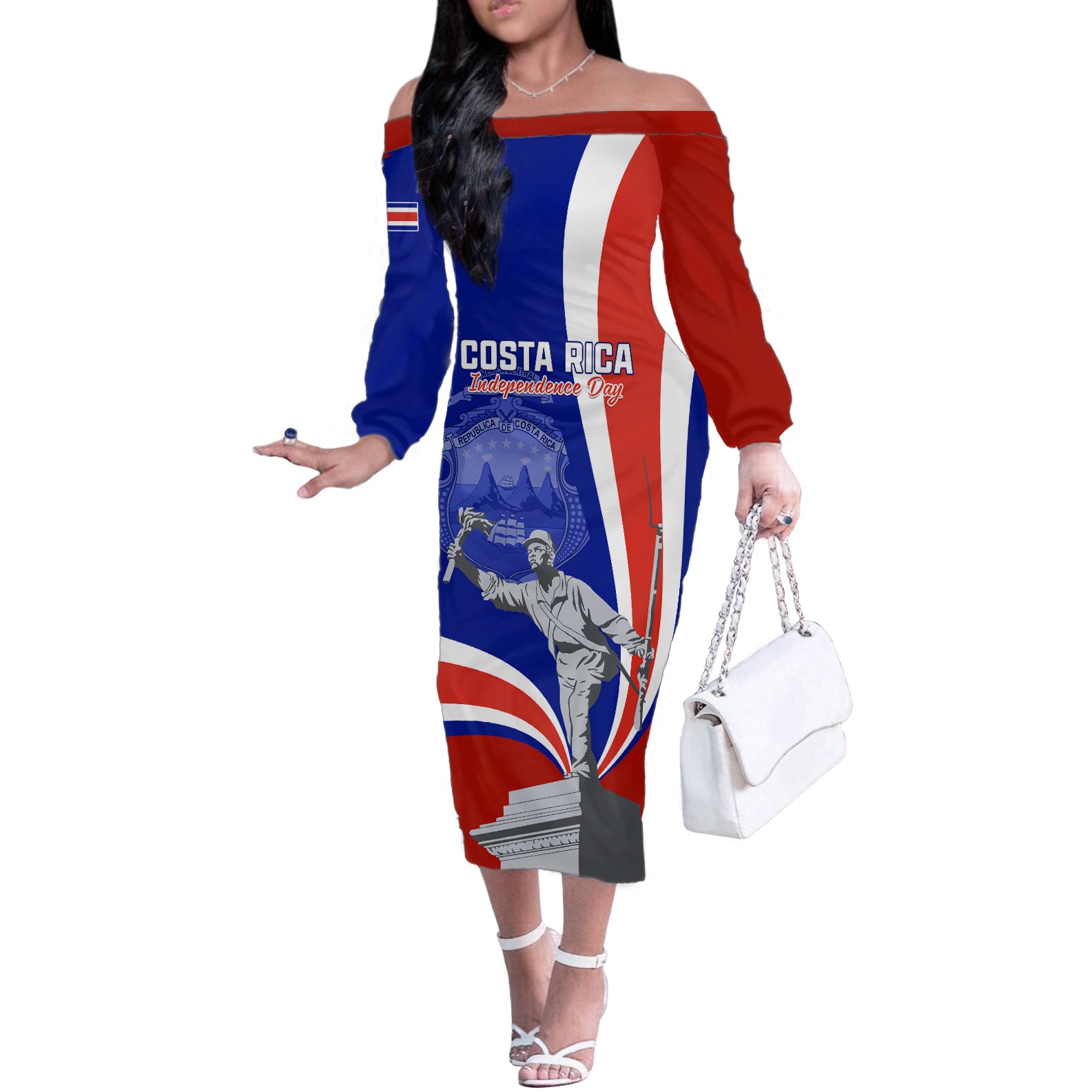 Personalised Costa Rica Independence Day Off The Shoulder Long Sleeve Dress Juan Santamaria National Hero - Wonder Print Shop