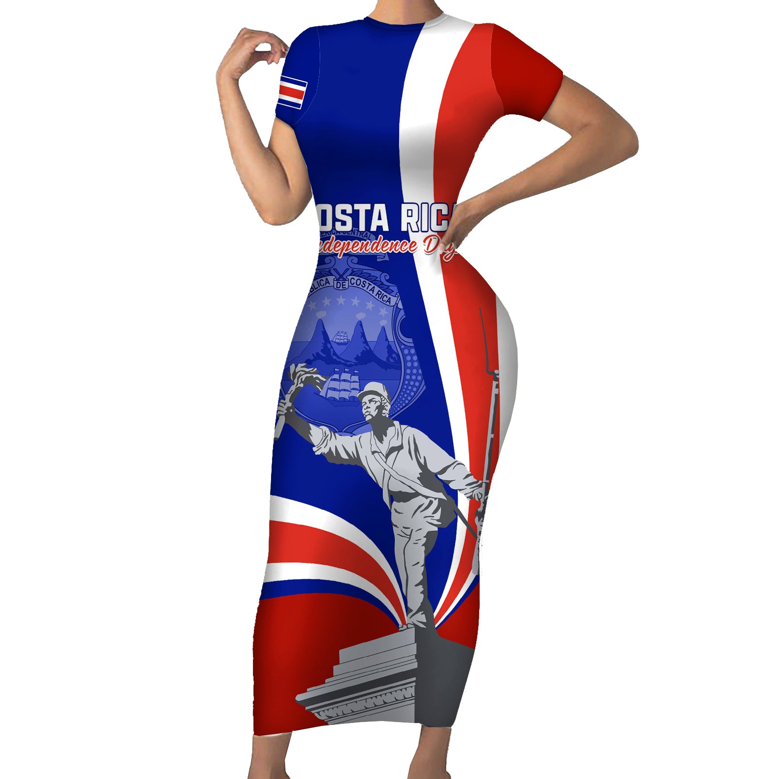 Personalised Costa Rica Independence Day Short Sleeve Bodycon Dress Juan Santamaria National Hero - Wonder Print Shop