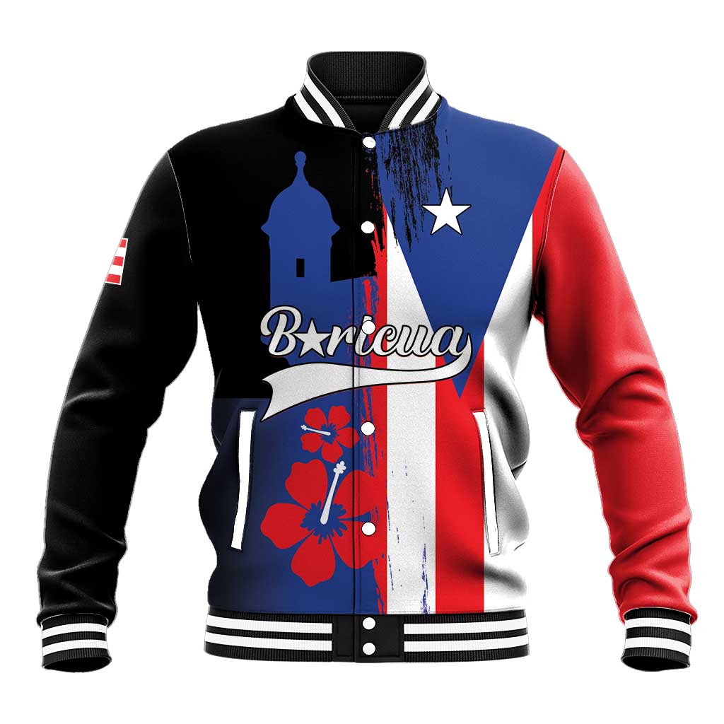 Black varsity baseball jacket with Puerto Rico flag panels and floral graphic, button front